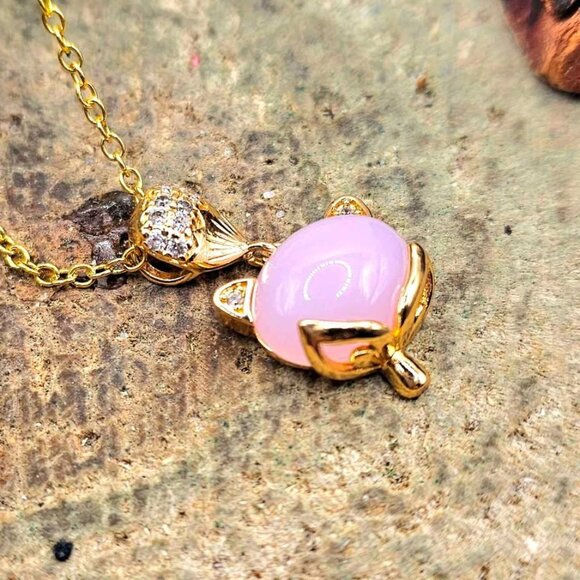 Nature Rose Quartz Gold Tone Fox Pendant Necklace - Picture 4 of 10